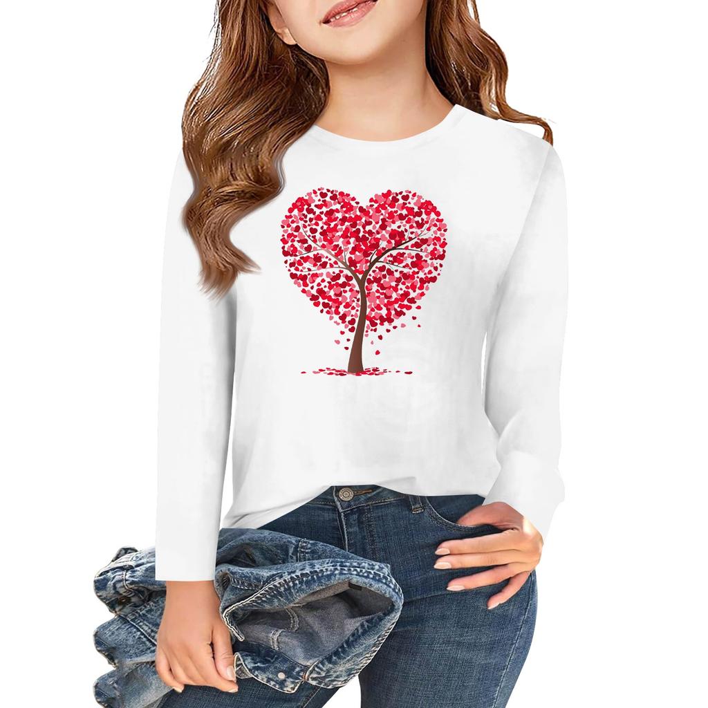 Långärmade T-shirts för flickor med kärlek och alla hjärtans dag-motiv, hösttoppar, rund hals, enkla T-shirts för barn, 5-14 år