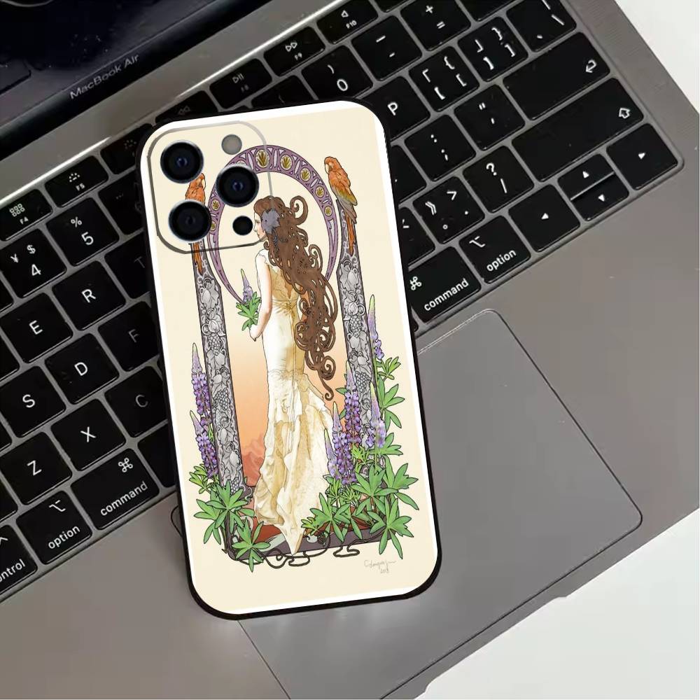 V-Vintage A-Alphonse Mucha  Phone Case For iPhone 17,16,15,14,13,12,11 Plus,Pro Max,XS,Soft Silicone Black Cover
