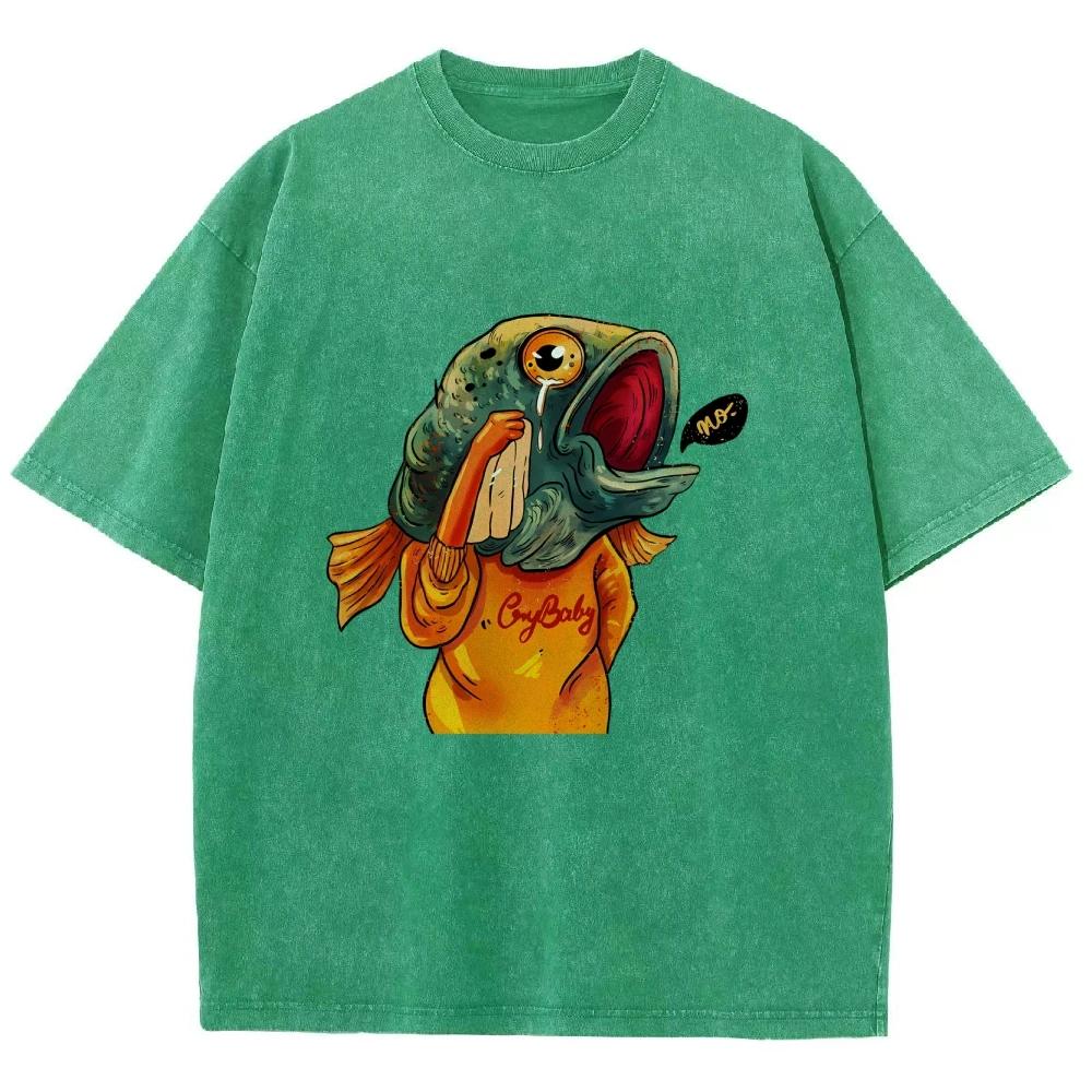 Funny Fish T Shirts Unisex Washed Tees Men Women Short Sleeve T-shirts Cotton T-shirt Streetwear Harajuku Graphic T Shirts