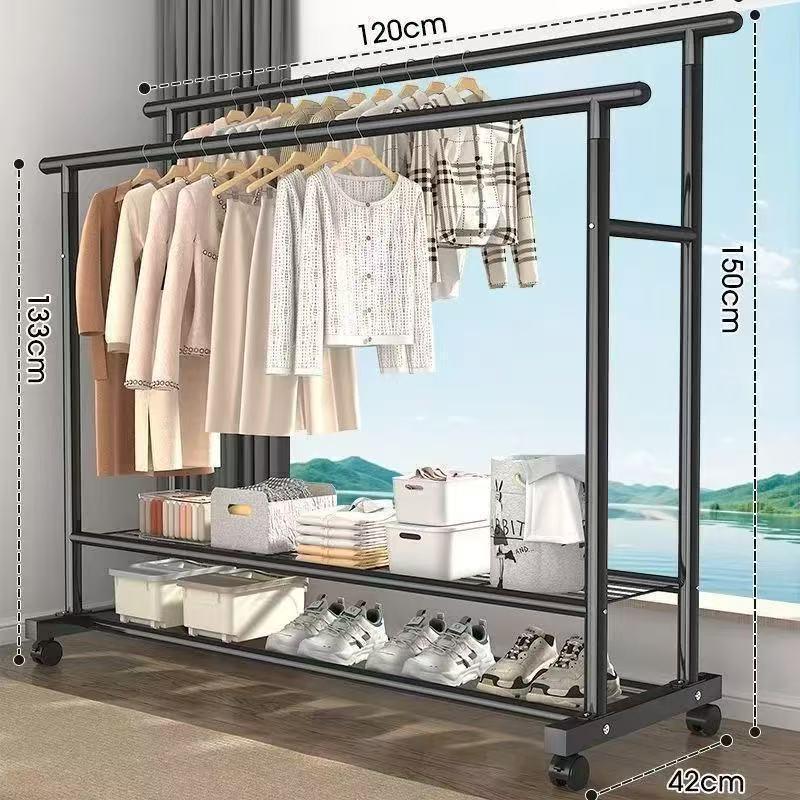 Sturdy Double Bar Wardrobe Rack for Dorms: Floor-Standing, Dual-Layer Clothes & Hat Hanger for Bedrooms and Balconies.