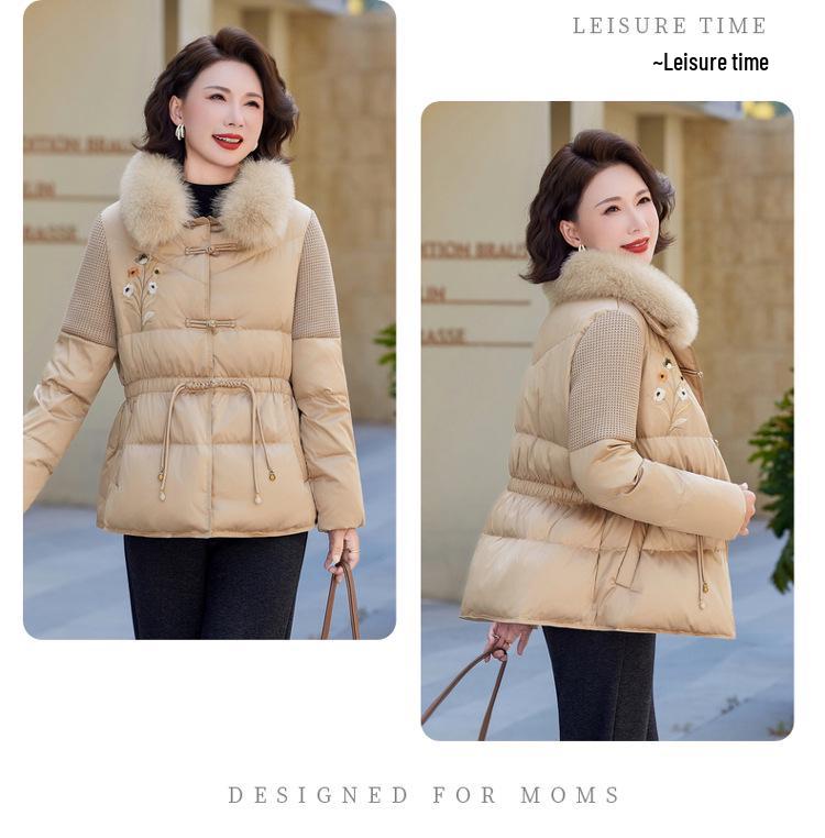 Mom's Winter Fashionable Embroidered Down Jacket with Wool Collar for Middle-Aged and Elderly Women