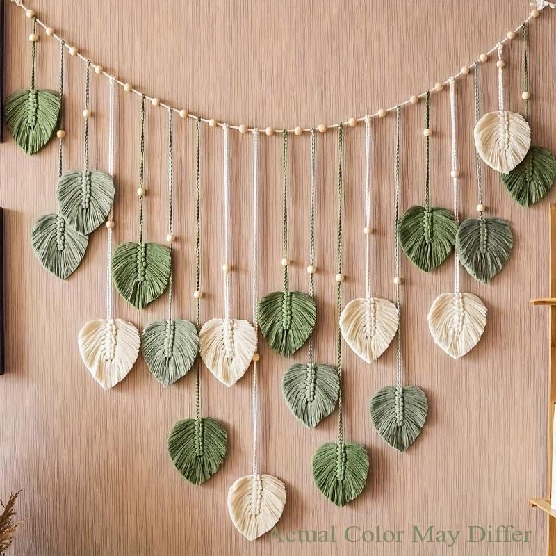 Handwoven Macrame Leaf Garland - Boho Wall Hanging for Bedroom Headboard & Mid-Century Living Room| | 47.5x29.5 6ft Textured Foliage Art