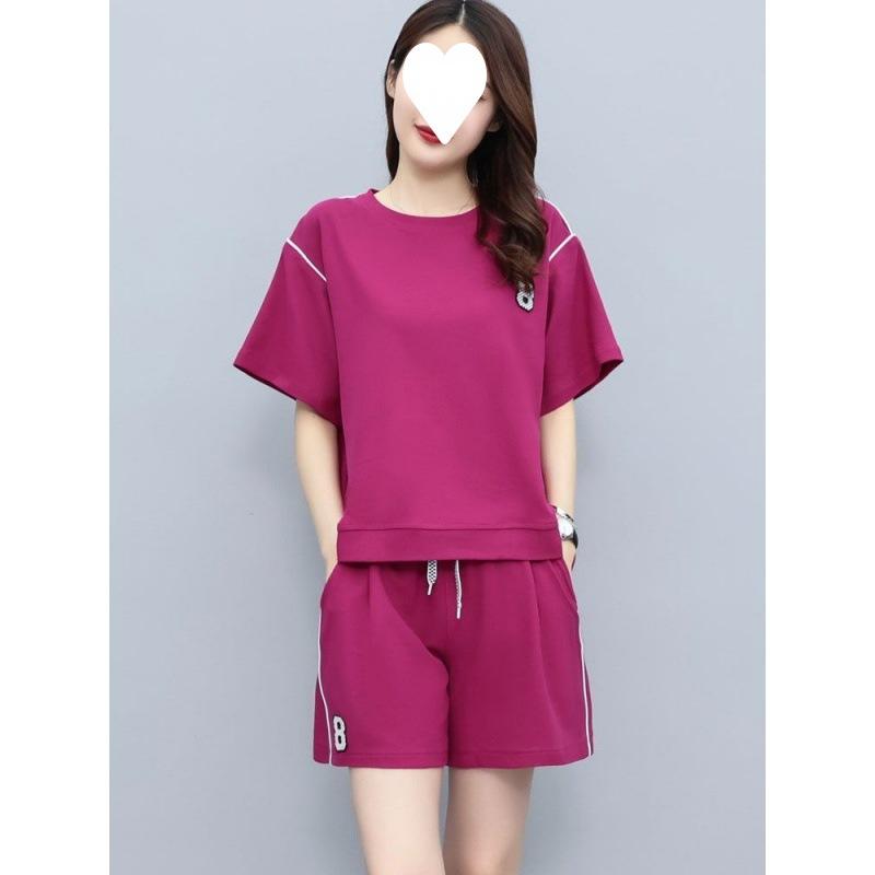 Short-sleeved Shorts Loose Suit Women's Summer Solid Color Round Neck Slim Sweatshirt Running Two-piece Set