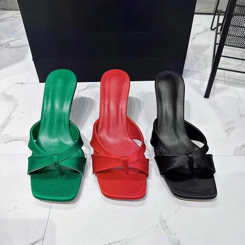 Fashion 2025 New Women's Sexy Leather Slippers with Red Bow Stiletto Heels Roman Elegant Clip-toe Square Head Satin Pull-On