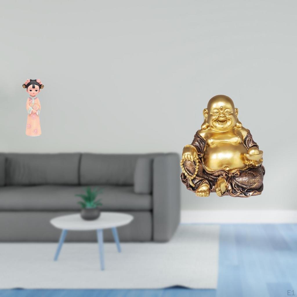 Traditional Chinese Girl Resin Statue And Maitreya Buddha Sculpture Miniature Figurine Feng Shui