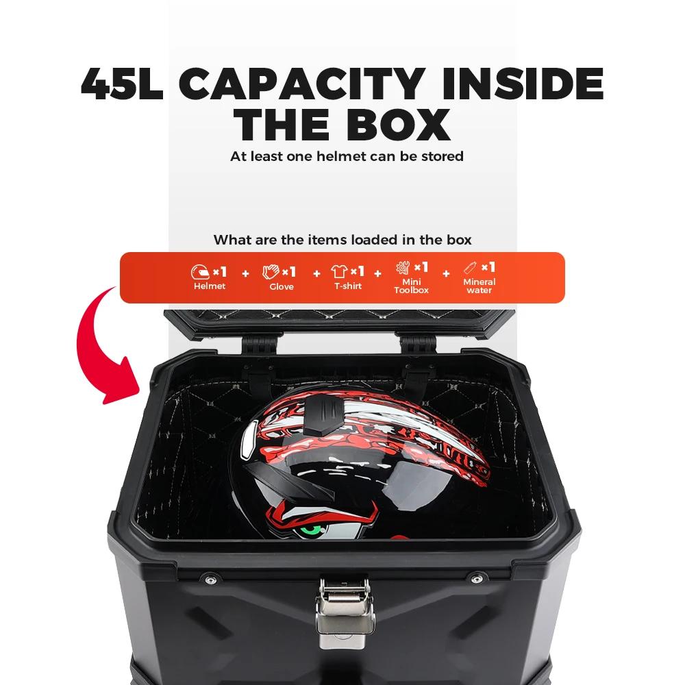 45L Universal Black Rear Luggage Case Waterproof Helmet Box Motorcycle Tail Storage Box Aluminum Alloy Motorbike Trunk Tail Box