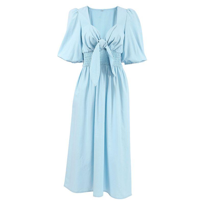 

Независимый дизайн Французское Европейское Элегантное Платье Сексуальный V-образный вырез Рукава-буфы Платье с завышенной талией Свежий Кантри Light blue(In stock) S((Recommendations 95-105))