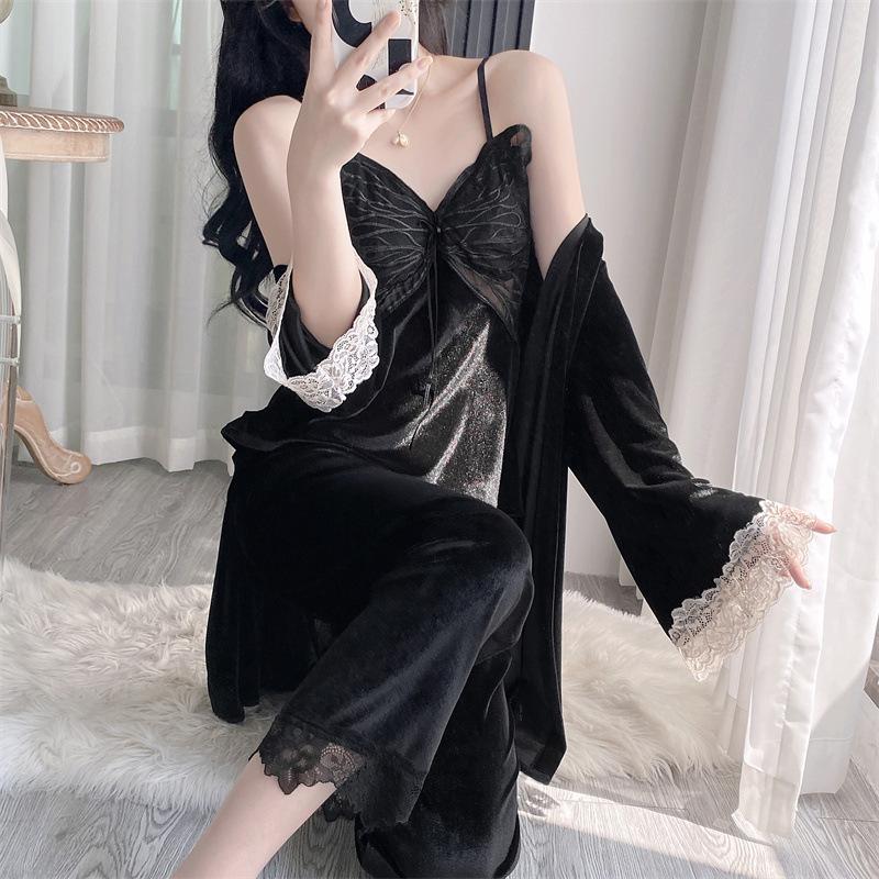 New golden velvet autumn and winter pajamas women's sexy backless suspender trousers set butterfly nightgown with chest pad air-conditioned clothes