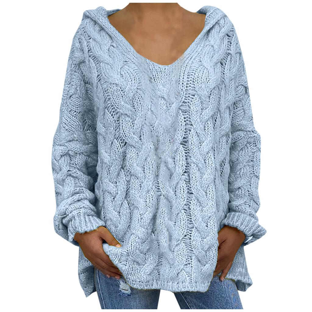 Women Fashion Loose Large Size Solid Color Hood Long Sleeves Sweater Tops