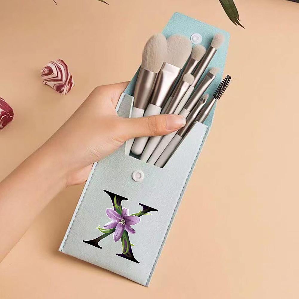 8pcs Travel Makeup Brush Case Kit Travel and Daily Use Beauty Set Blending Beauty Tool Bag Flower Color 26 Letters Pattern