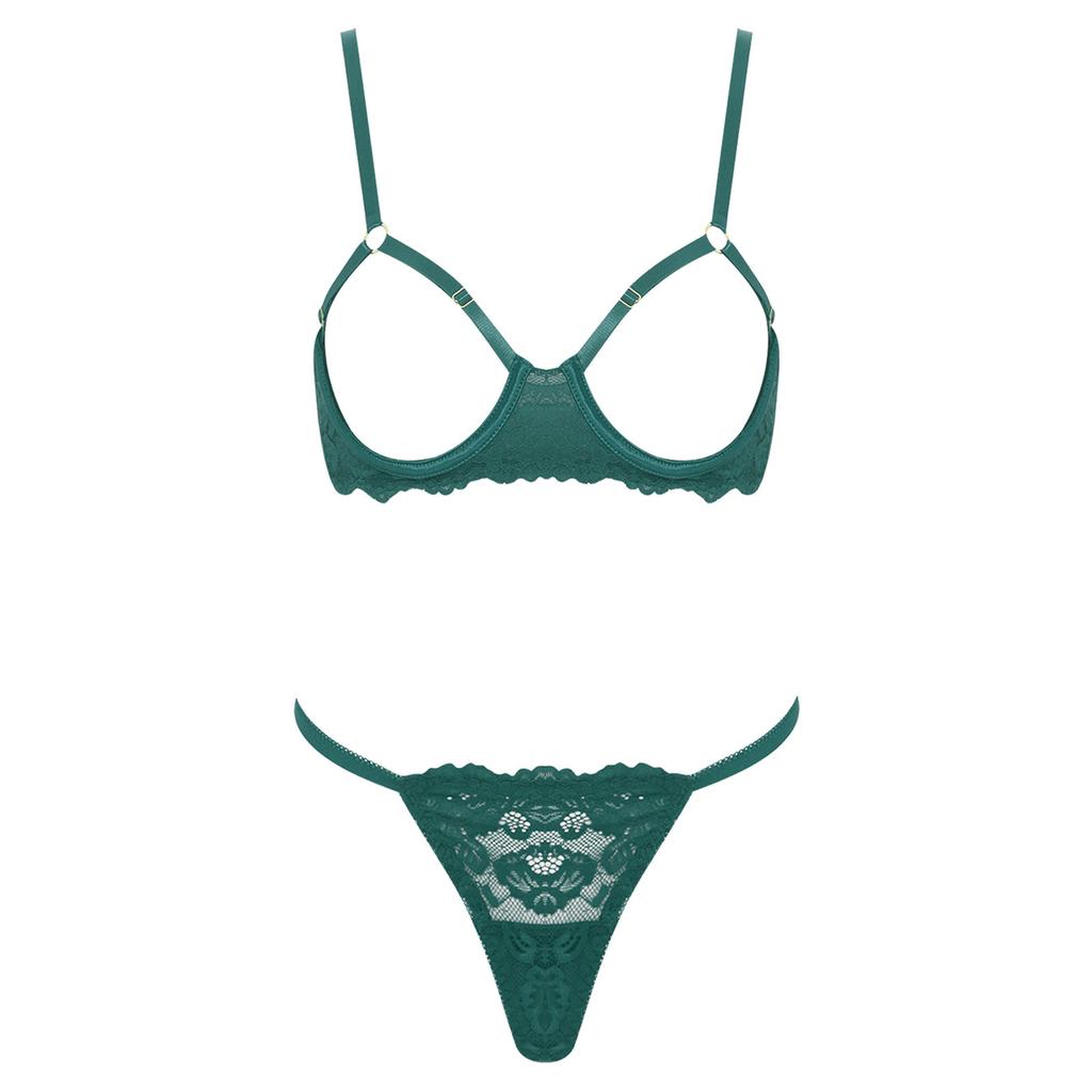 Womens Floral Lace Bra Set Opening Cup Underwire Push Up Top T Back Thong Panties Honeymoon Lingerie