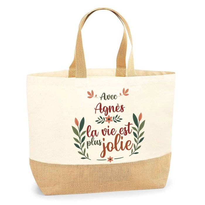 Cabas / Tote bag - PLANETEE - Agnès la vie est plus jolie - Jute naturel - Impression texte - Fabriqué en France