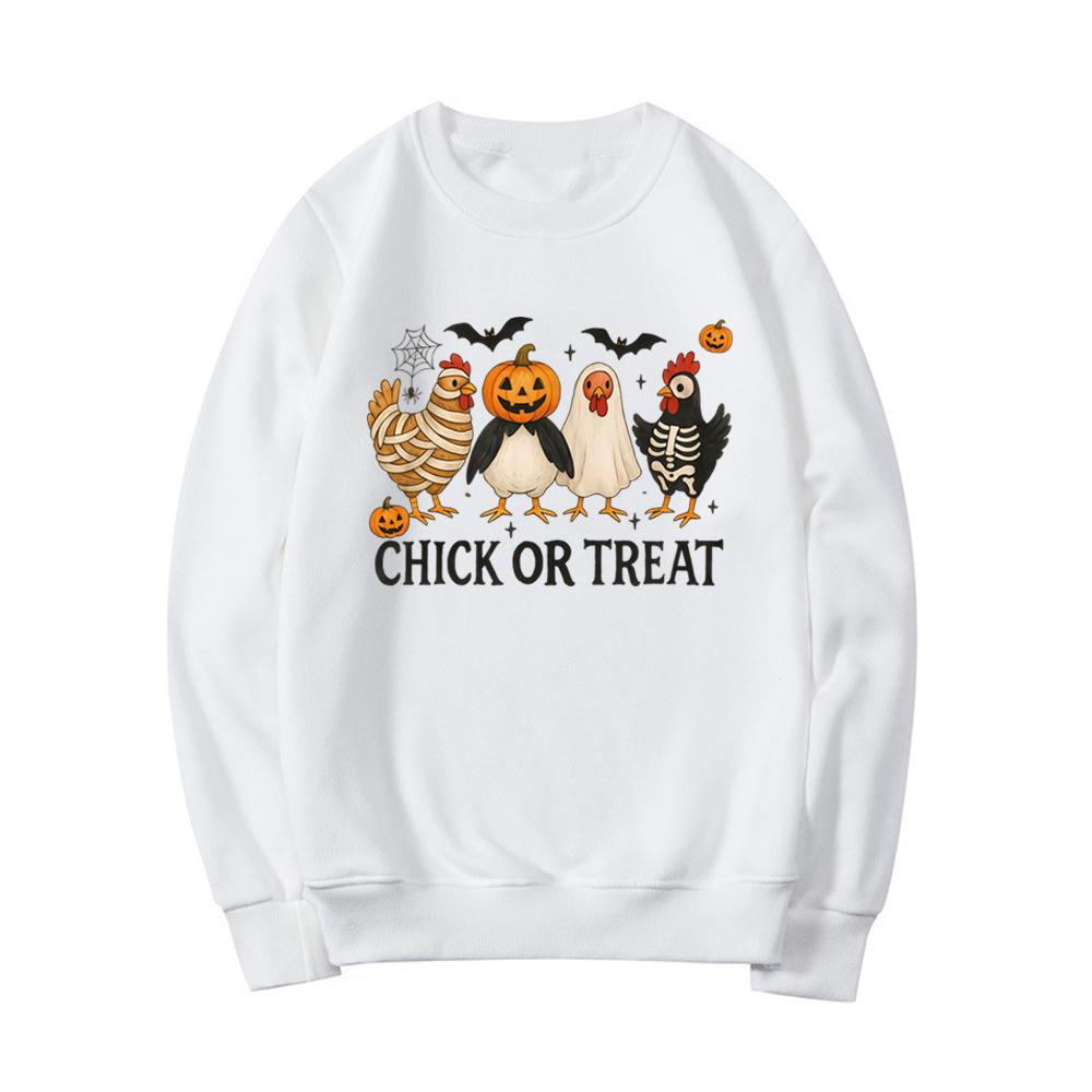 Chick or Treat Sweatshirt Spooky Chicken Halloween Sweater Long Sleeve Women's Sweatshirts Funny Halloween Chicken Hoodie Tops