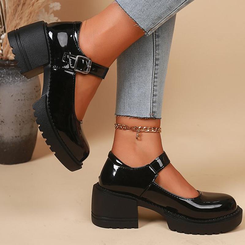Fashion Elegant Adjustable Ankle Buckle Mary Jane Shoes Women Pu Leather Thick Heel Pumps Woman Round Toe Platform Casual Shoes Ladies