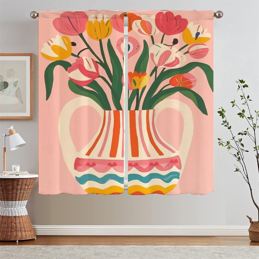The Fiery Red Tulips Kitchen Curtains Salon 2 Cheap Pieces Bedroom Blackout Curtains for Living Room Blind Bathroom Curtain Home