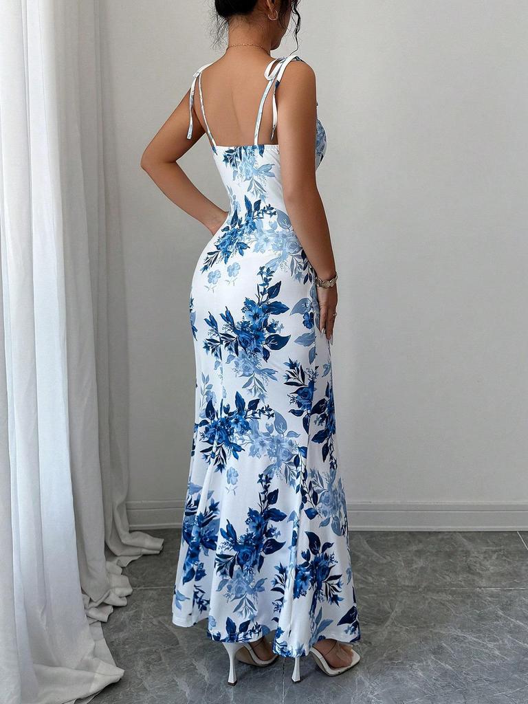 Women's Spaghetti Strap Printed Maxi Dress with Slit - Elegant Spring/Summer Evening & Vacation Attire