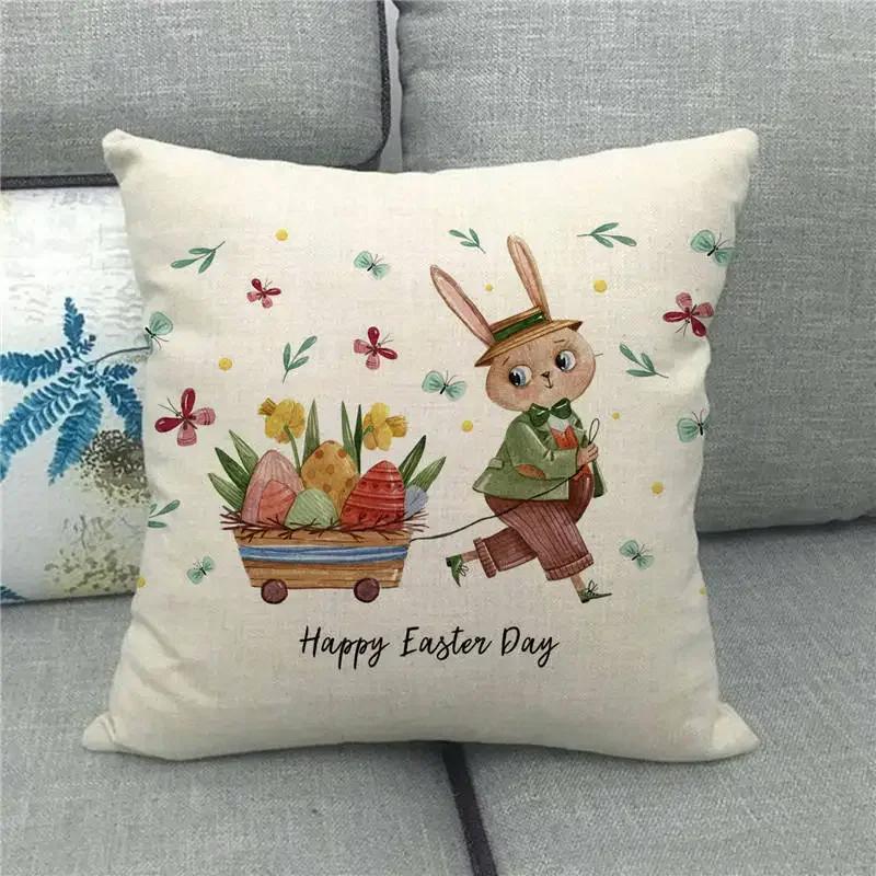 Easter Cushion Cover Cute Bunny Eggs Printed Pillow Covers 18x18 Inches Easter Decorations Hare Rabbit Flower Linen Pillowcase