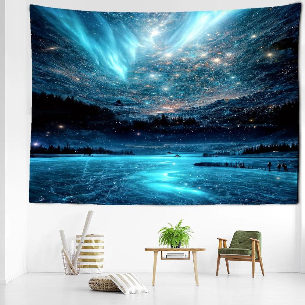 Blue Aurora Ice Forest Tapestry Wall Hanging Landscape Bohemian Minimalist Art Living Room Bedroom Home Decor