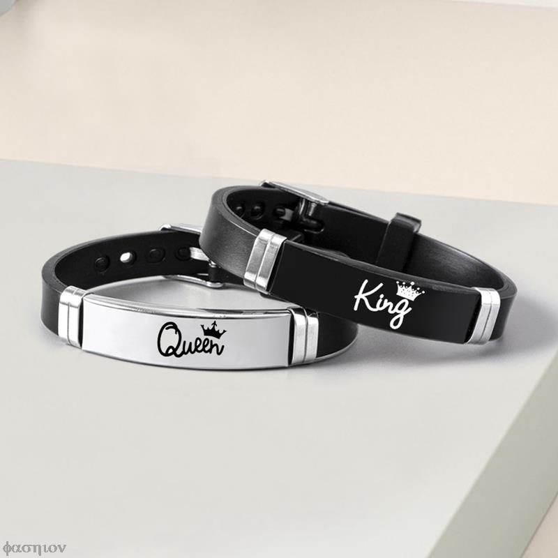 2 Pcs/Set Stainless Steel Crown Her King His Queen Trendy Sport Silicone Couple Bracelet Bangle Unisex Lover Bracelets Gift