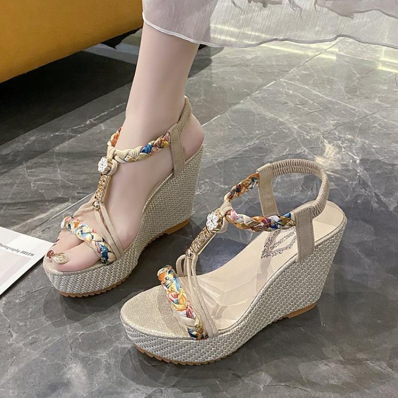 Damen Übergröße Colorblock Gewebte Peep-Toe Plateau-Sandalen, Klobiger Absatz Lässige Sommerschuhe