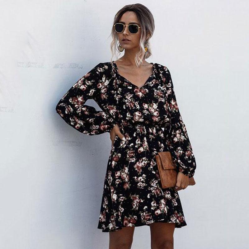 Frauen Mode Puff Langarm Shivering einteiliges Kleid Kleidung