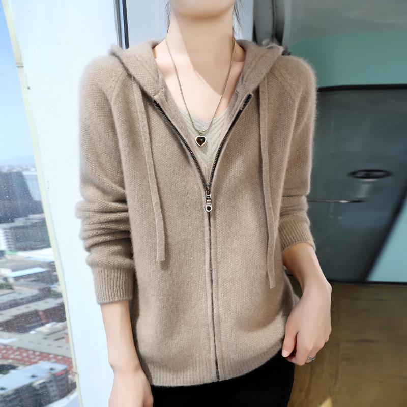 

Кардиган на молнии из шерсти с капюшоном - Женское осенне-зимнее вязаное пальто свободного кроя XL (135-150 lbs)