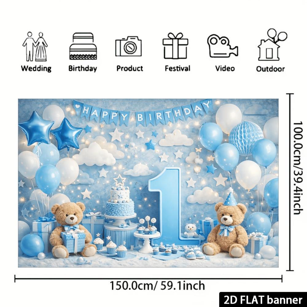 2D Ebene Doppel Babybären Blau und Weiß 1. Geburtstag Hintergrundtuch - Doppel Babybär Puppen Design