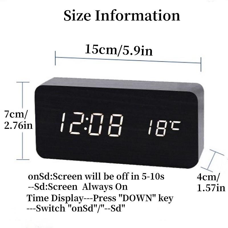 Voice Control Wooden Digital Alarm Clock TEMP Date Table Clock 3 Alarm 2 Display Modes 12/24H Power Outage Memory LED Clock