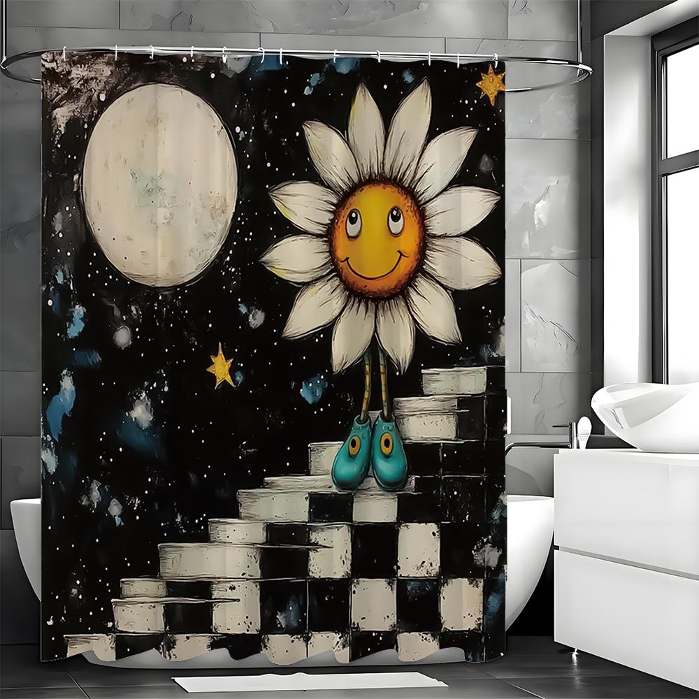 Cute Cartoon Sunflower Moon Steps Shower Curtain, Bathroom Decorative Shower Curtain, Waterproof Shower Curtain with Hooks