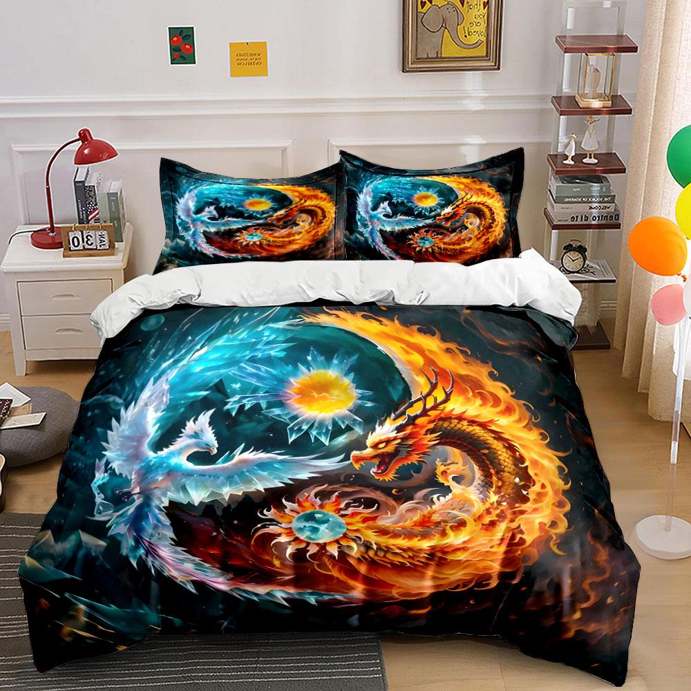 Fire And Ice Dragon Design Set Bedding Set With 1 Duvet Cover 2 Pillowcases Single Double King Queen, Gift