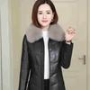 Fur collar removable leather jacket women's leather medium and long imitation fox fur collar plus cotton grass jacket women's thin black