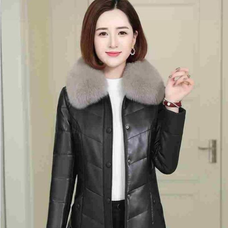 Fur collar removable leather jacket women's leather medium and long imitation fox fur collar plus cotton grass jacket women's thin black