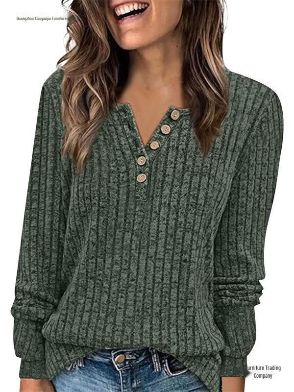 Women's Round Neck Ribbed Patchwork Solid Color Button T-shirt