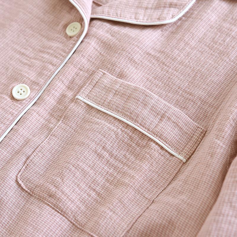 2026 New Couple Spring and Autumn Pajama Set 100% Cotton Gauze Jacquard Women's Long Sleeve Checkered Two Piece Set