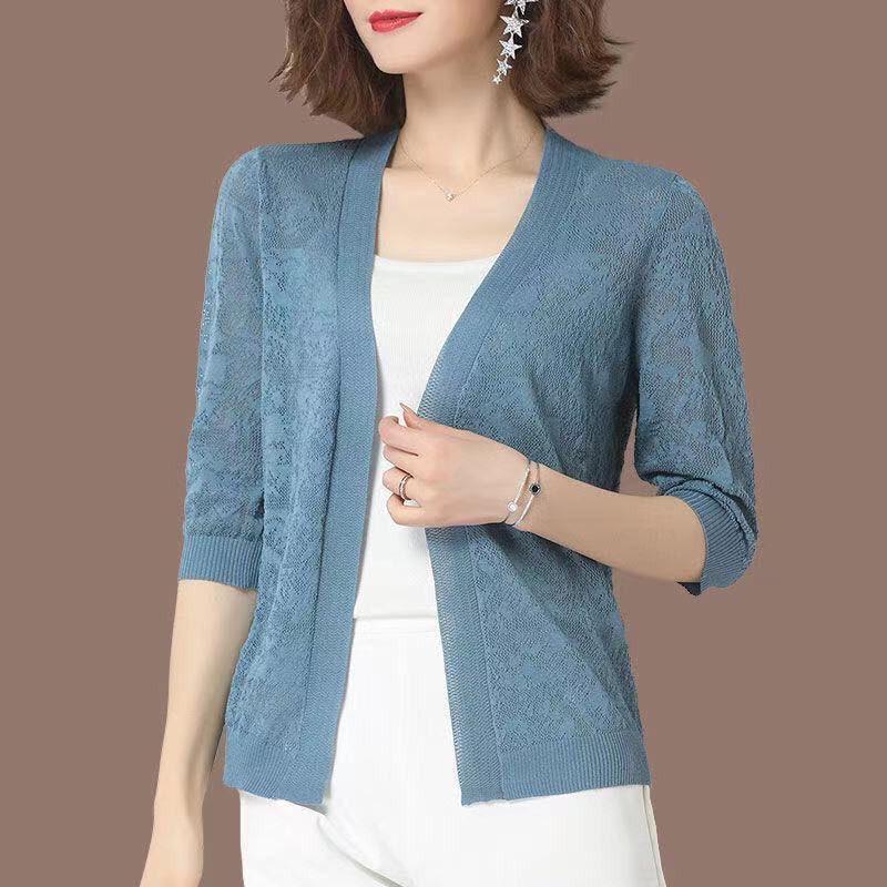 

Summer Women Oversized Knit Cardigan Jackets Half Sleeve Ice Silk Knitted Cardigan Elegant Hollow Out Sunscreen Tops XS синий