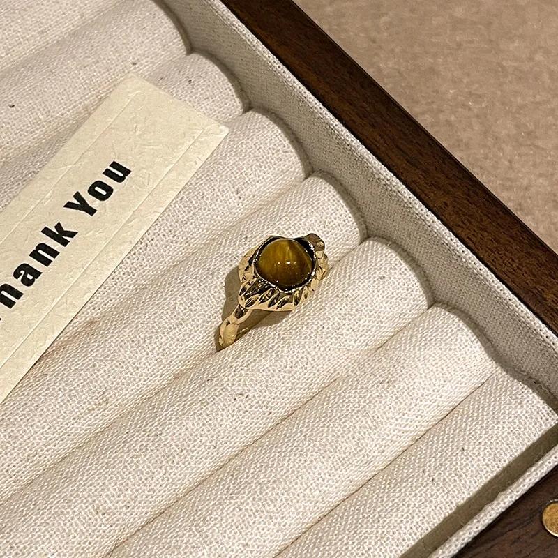 Irregular Round Personalized Vintage Brown Tiger Eye Stone Open Ring For Women Finger Ring Design Sense High End Jewelry Gift