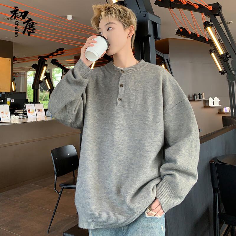 Men s Henley Neck Knit Pullover Sweater 2XL