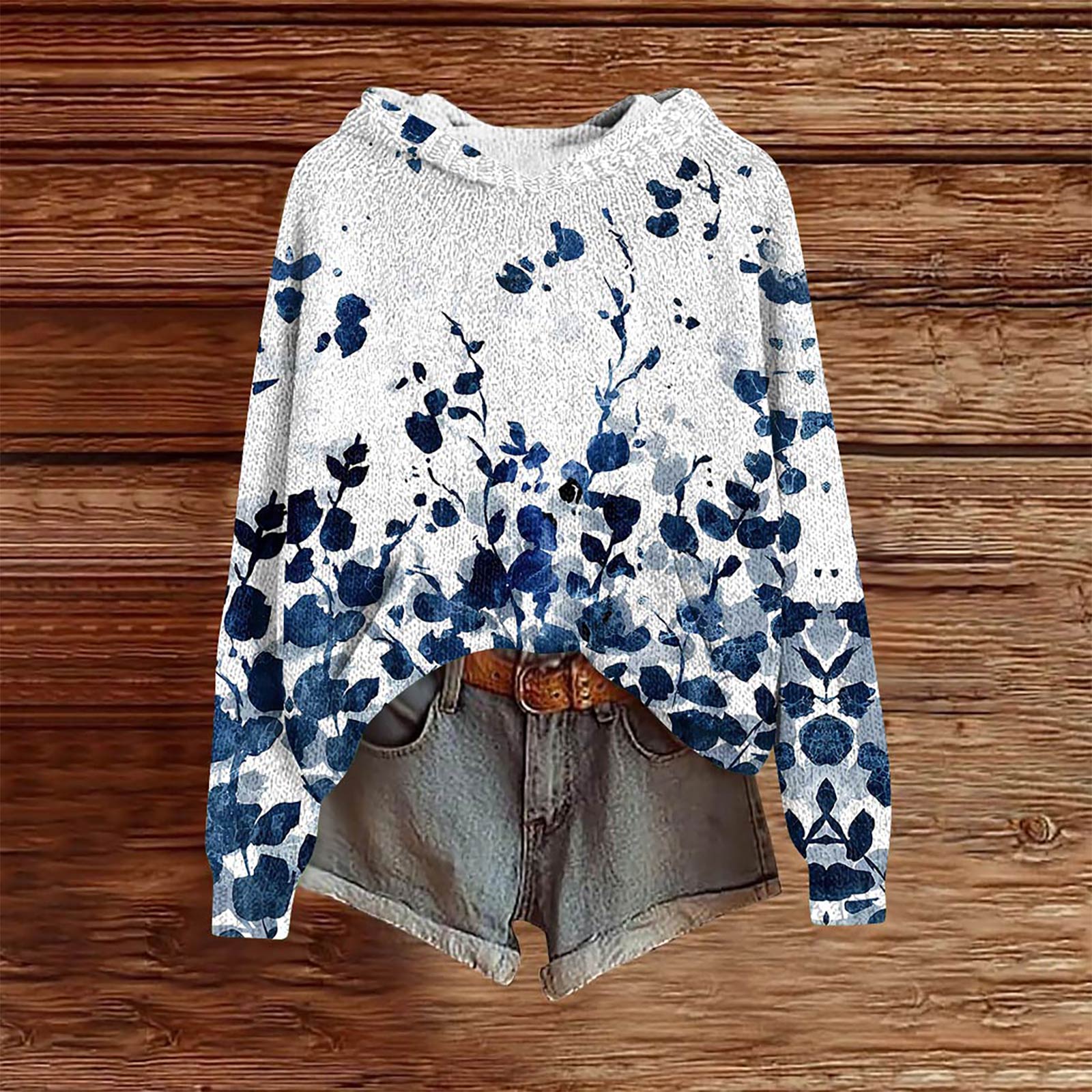 

Женские толстовки Вязаный свитер Милая рубашка Осенний пуловер Толстовка с капюшоном L синий