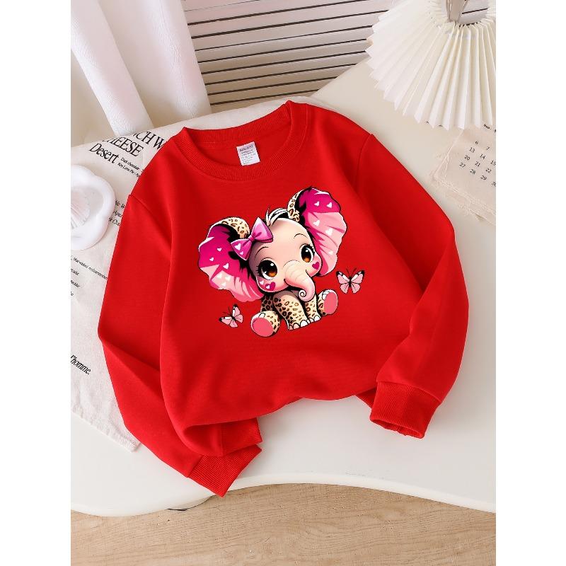 European sizes Girls Soft Crewneck Sweatshirt Cute Pink Elephant with Bow & Butterflies Print, Casual All-Match, Ideal Holiday Present