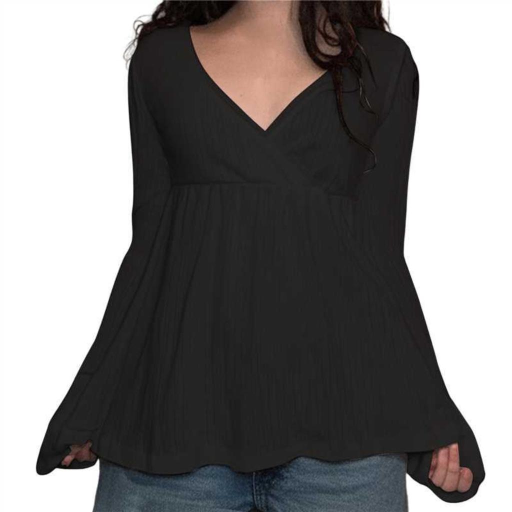 Women's Cross Neck Long Sleeve Loose Fit Solid Color Lace Trim T-Shirt Casual