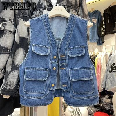 Γυναικείο τζιν γιλέκο plus size, τζιν μπουφάν, κορεάτικο στυλ, αμάνικο, streetwear, μονόπετο γιλέκο, πανωφόρια