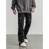 Black of Exit American Street Style Slit Hem Jeans, Trendy Design Straight-Leg Cargo Pants for Men
