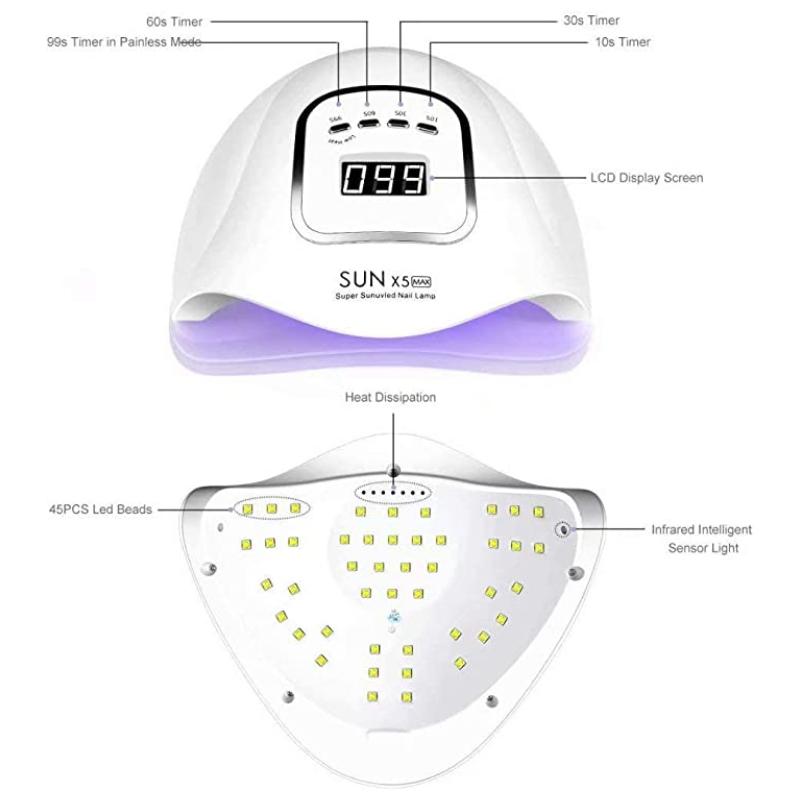 120 W LED-UV-Nageltrocknerlampe zum Aushärten von Gelpolituren, 45 LEDs, professioneller Nageltrockner mit Timer, automatischem Sensor, Maniküre- und Pediküre-Werkzeug