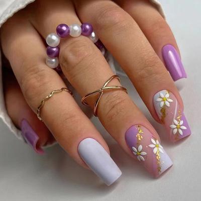 24Pcs/Set Quick Nails Blue And Purple Stitching Beveled Edge False Nials Sticker Wearable Waterproof Manicure Finished Nails