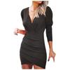Fashion Ladies Slim Color V-neck Long-Sleeved Dresses Women