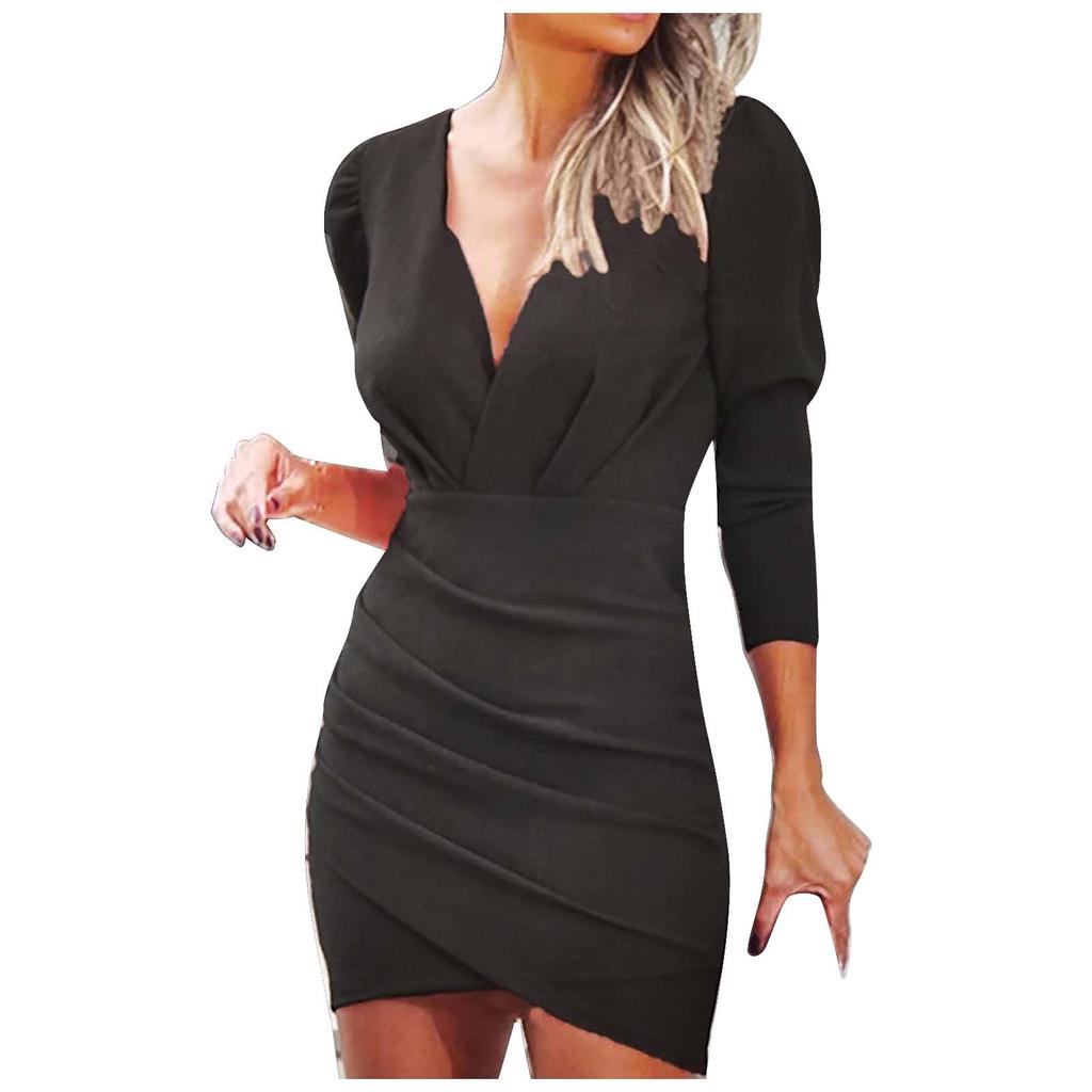 Fashion Ladies Slim Color V-neck Long-Sleeved Dresses Women