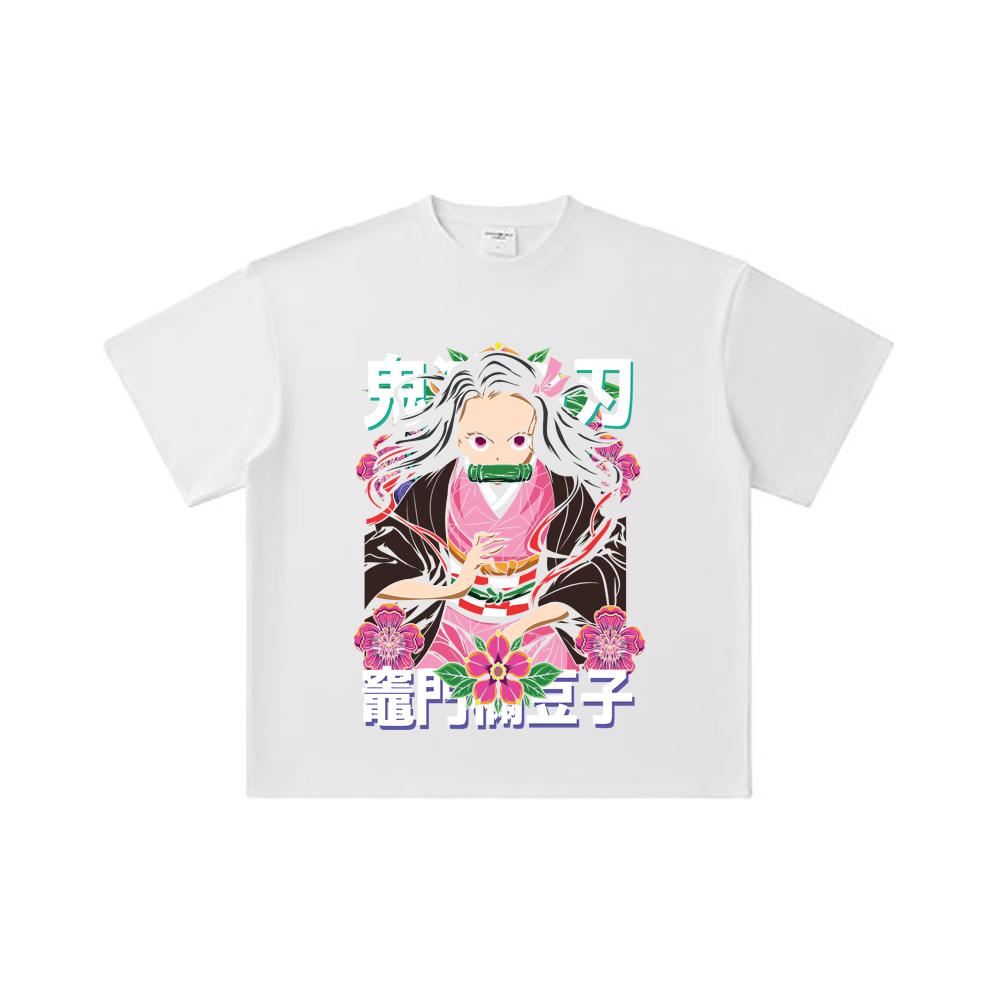 260 GSM Double Yarn 32 Count 100% Cotton Demon Slayer V70 Nezuko Flower Print Unisex Heavy Cotton T Shirt