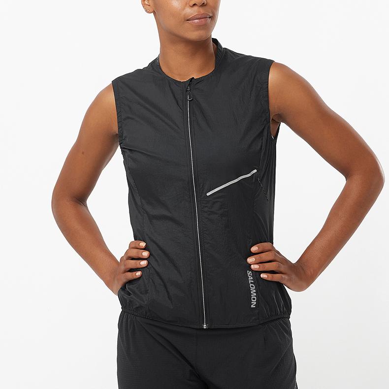 SALOMON Větrovka Sense Aero Větruodolná Teplá Kulatý výstřih Zapínání na zip Bez rukávů Dámská vesta Hluboce černá LC2204200