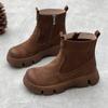 Women's Vintage Genuine Leather Ankle Boots - Thick Sole Round Toe Side Zipper Short Boots