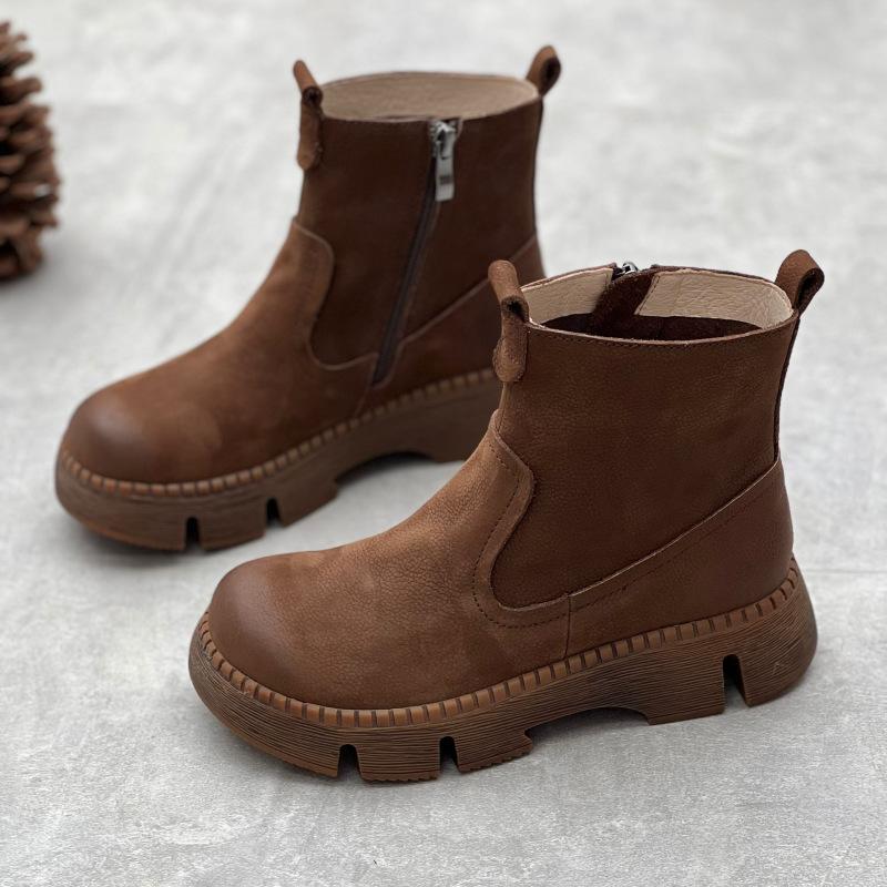 Women's Vintage Genuine Leather Ankle Boots - Thick Sole Round Toe Side Zipper Short Boots